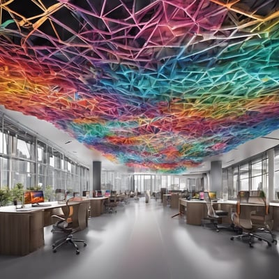 a colorful office space with a colorful ceiling