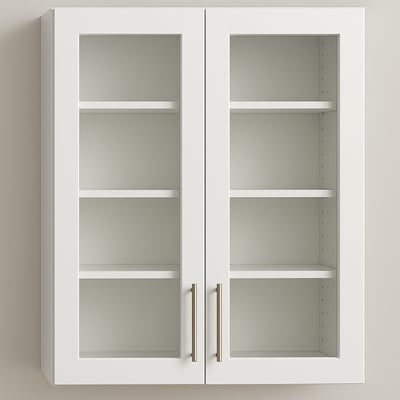 a clear glass insert option white cabinet with two open shelves and a door