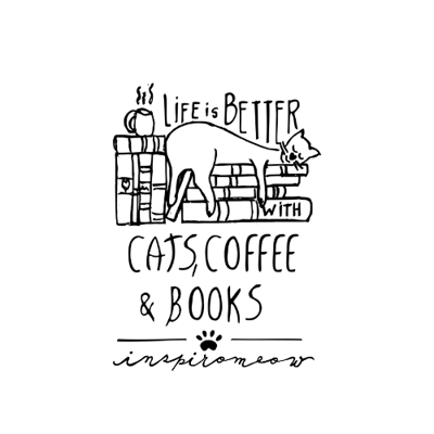ilustração de gato dormindo sobre livros: life is better with cat's, coffee & books