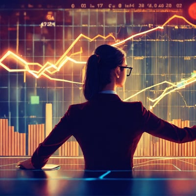 a woman in a business suit is standing in front of a performance charts