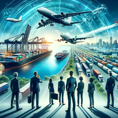 a group of supply chain consultants standing in front of supply chain & logistics landscape