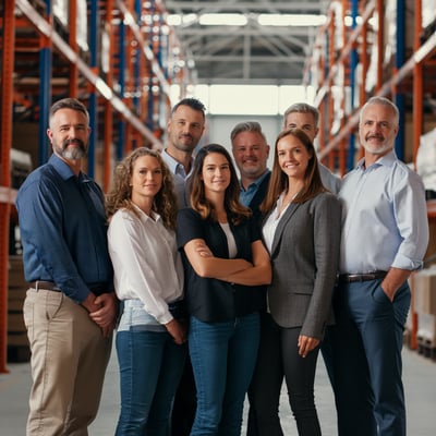 a group of people standing in a warehouse