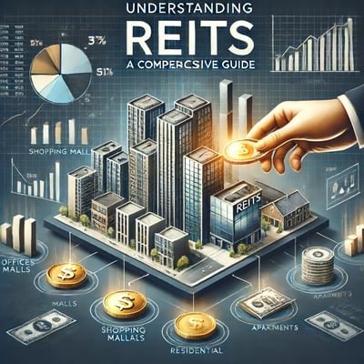 Illustration of REITs by WealthRiz: Diverse properties, investor dividends, and growth charts highli