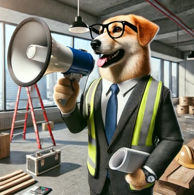 cartoon business dog on a worksite wearing a safety vest and holding a megophone