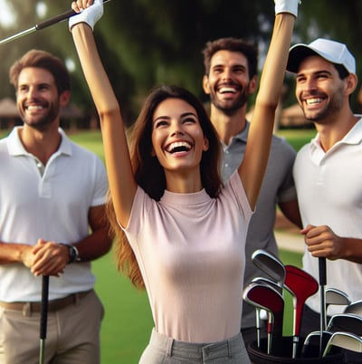 Experienced golfer teaches swing to younger player on range, showing group golf mentorship