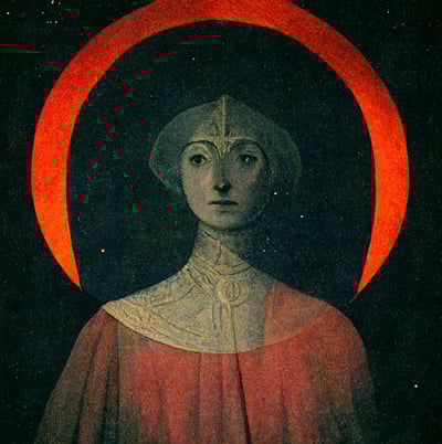 digital oil painting of a woman's face in a circle of red, primary colours red and blue