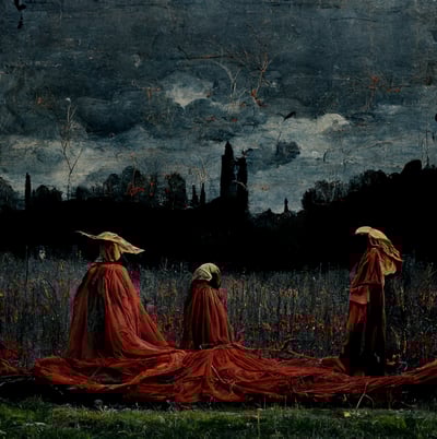 digital oil painting of cloaked figures in a field, overcast clouds