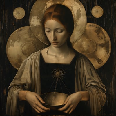 digital oil portrait of a woman with bronze discs Nebra