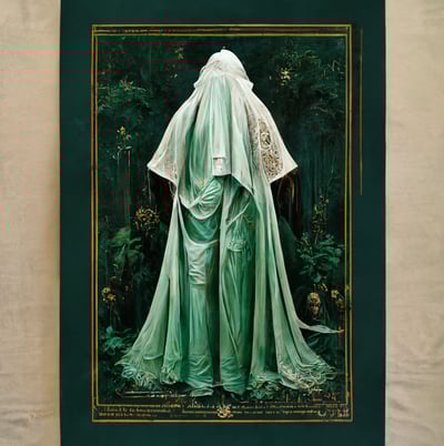 digital oil painting of a woman cloaked head to toe in soft green fabrics