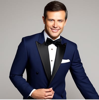 a man in a tuxedo suit and bow tie smiling