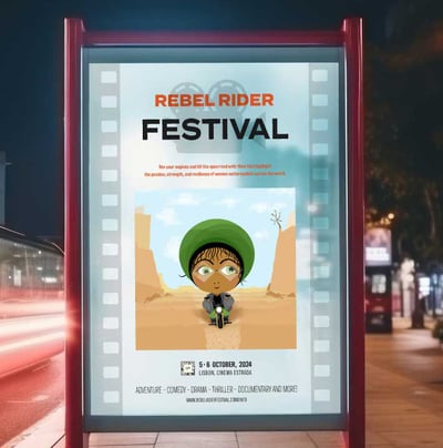 Mockup of woman biker illustration on poster board advertising the "Rebel Rider" film festival