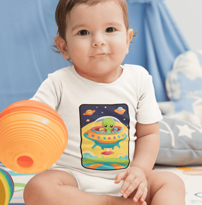 a baby in a white printed onesie and a toy