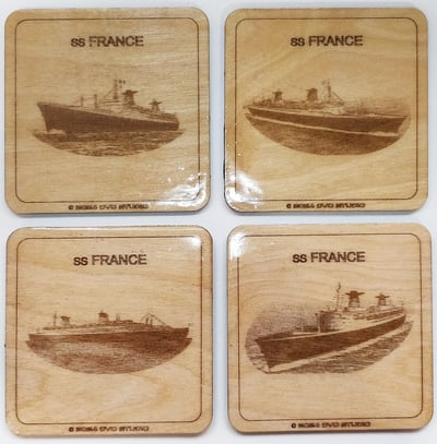 Set of 4 engraved laser coasters of SS FRANCE ocean liner 3D