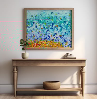 a colorful abstract painting of a wave on a beach