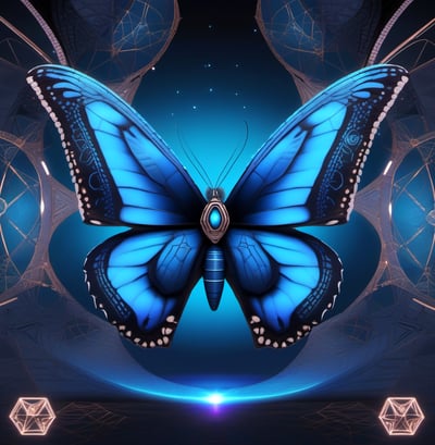 Blue butterfly glowing symbol for subconscious reprogramming and energy clearing.