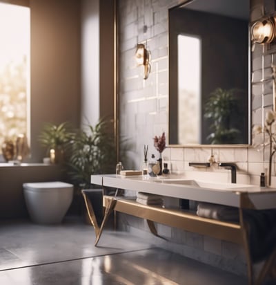 a bathroom with a large mirror and a sink