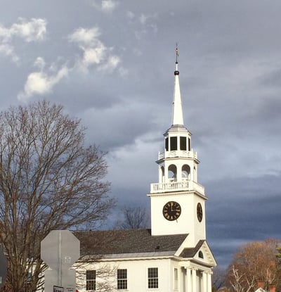 Norwich Congregational Church clock tower Vermont cloudy skies