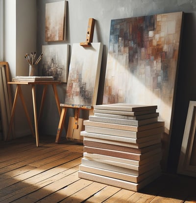 a stack of books and a painting on a wooden floor