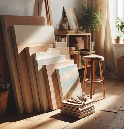 a room with a lot of art work and a table with a chair