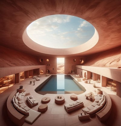 a pool with a skylight and a circular pool
