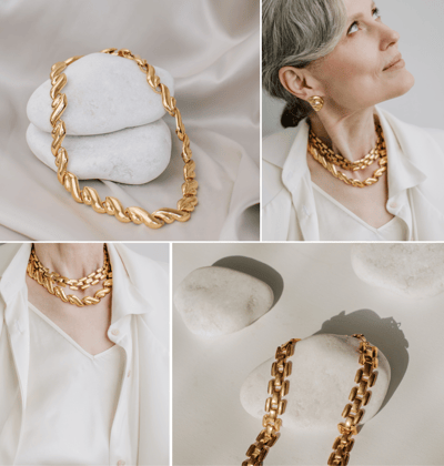 a collage of a woman wearing a white shirt and gold chain link link necklace