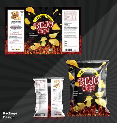 Colorful snack pouch packaging with illustrated chips graphics
