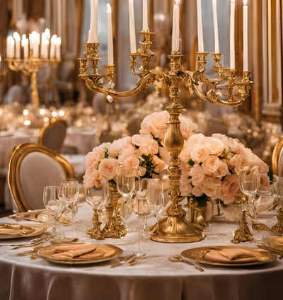 Mariage glamour tables dorées, bougeoirs, rideaux en velours, assiettes brillantes