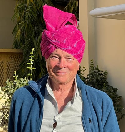 An Englishman trying a traditional turban from Rajasthan