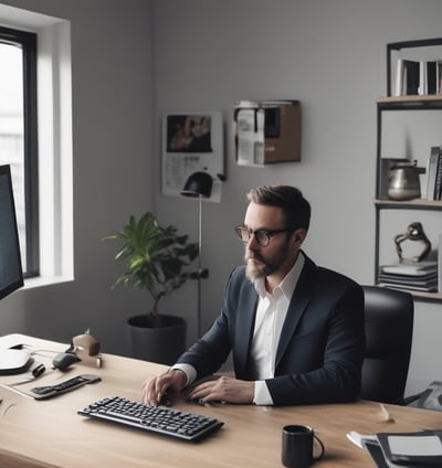 a man sitting at a desk with a computer monitor and a laptop