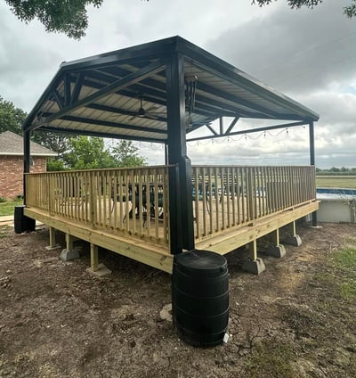 Black Metal Patio with Wood Deck and Pool