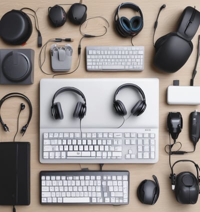 A collection of tech gadgets and accessories are arranged on a marble surface, including Marshall headphones, Canon camera lenses, a wristwatch, pens, and a laptop. The items are predominantly black and organized neatly, conveying a sense of modernity and style.