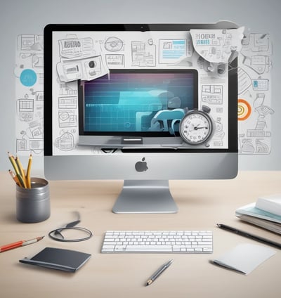 An arrangement of modern technology items including a smartphone, laptop, earbuds, and a mouse. The smartphone is prominently displayed with its box, featuring a sleek design and multiple cameras. The earbuds are neatly placed in an open case. A laptop and a wireless mouse are also visible, all set against a marble surface.