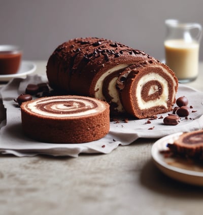 Delicately arranged desserts are placed in square, brown paper trays. Each dessert is round with a white, sponge-like outer layer and different toppings on top, such as chocolate and nuts. They are displayed on a white surface, partially lit by warm light.