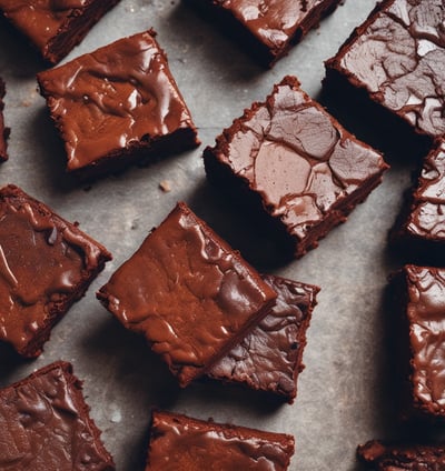 A stack of rich, chocolatey brownies is placed on a slate board, with chunks of dark chocolate scattered around. The brownies have a dense, moist texture, and the background includes a blurred view of a kitchen setting.