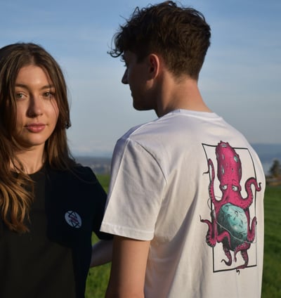 Male and female models wearing personalized t-shirts featuring a graphic octopus print