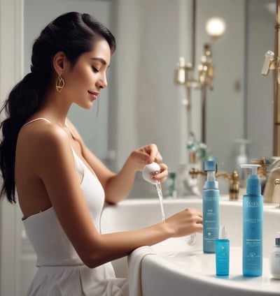 An elegant display in a store features an array of beauty products, including body creams and lotions, set on a wooden table. The product packaging is in shades of pink and peach. A decorative vase with bamboo sticks and rose petals is placed among the products. Advertisements for a new limited edition line are visible, with a poster featuring a woman in a flowing dress. Shelves filled with various skincare products line the walls in the background.