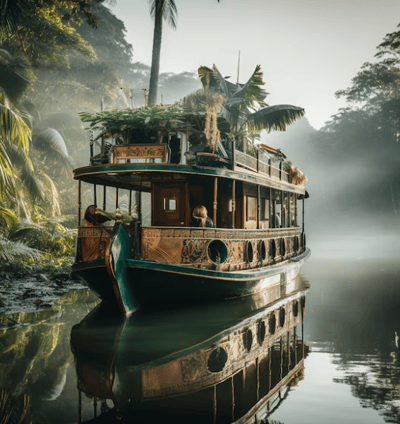 A boat floating on the water with greenery around the boat