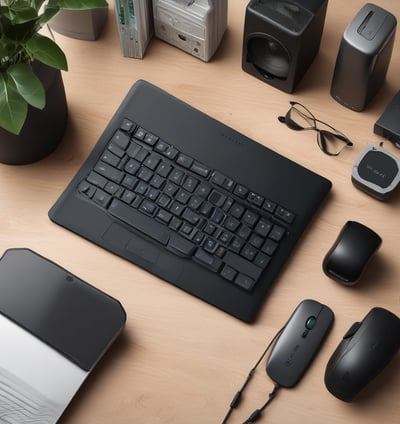 A collection of electronic gadgets and accessories arranged neatly on a wooden surface. Items include a laptop with the Apple logo, a DSLR camera, camera lenses, a smartphone, a wireless keyboard, sunglasses, a leather wallet, a closed notebook, and a tablet device.