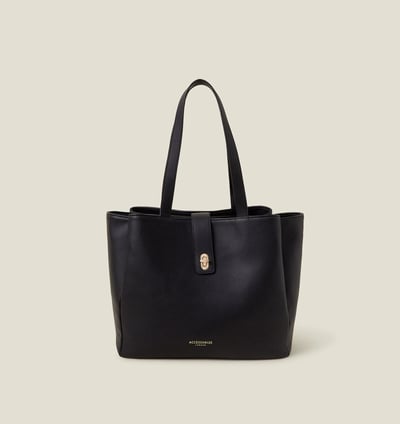 a black and white bag with a gold buckle