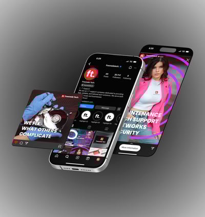 Telefone com telas de redes sociais abertas exibindo identidade visual e design profissional.