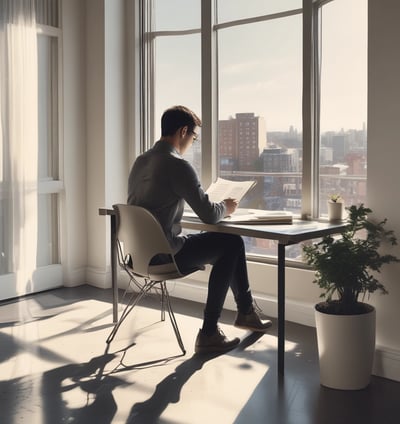 A man sitting at a desk in an office reviewing a curriculum vitae or contract