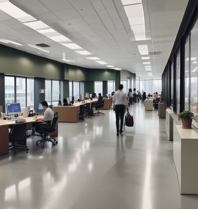 Busy office environment with members of staff working at their desks, or walking along the corridors