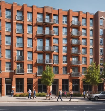 Block of flats with balconies with residents and public walking outside on a busy street
