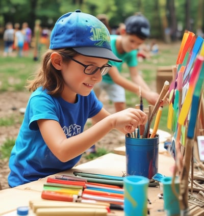 Three people are engaged in an art project, working on a mural with a colorful scene depicting figures dancing and landscapes. Several art supplies, including paint tubes, brushes, and plates with mixed colors, are spread across a table. The mural features vibrant blues, greens, and earthy tones.