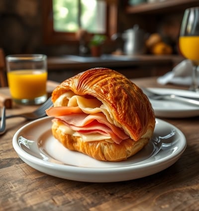 a sandwich sandwich on a plate with a glass of orange juice