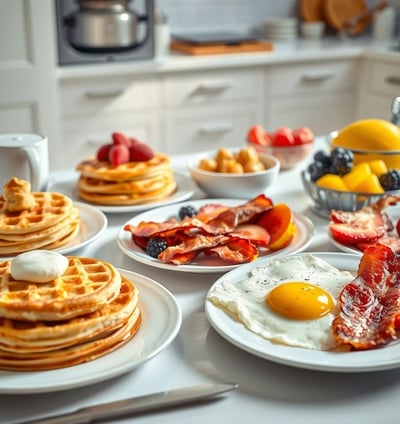 a table with breakfast foods and a cup of coffee