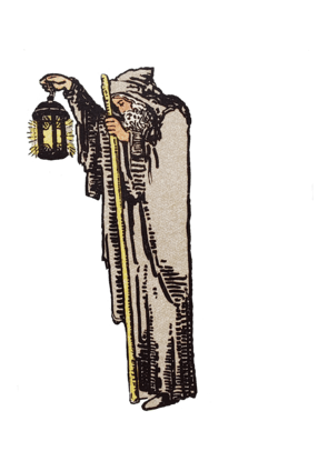 Tarot Hermit a male weaing a brown cloak holding a lantern and a walking stick.