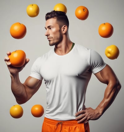 A muscular man with defined abs is standing confidently in a gym, his arm resting on a piece of fitness equipment. The environment suggests a focused and intense workout session, with weights and exercise machines visible in the background. The lighting casts subtle shadows, highlighting the man's physique.