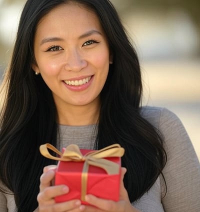 a woman holding a red present box, elevate your brand