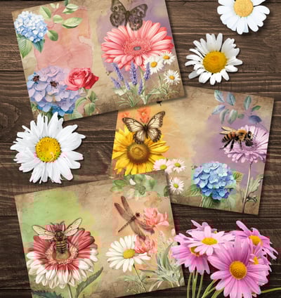 vintage-style floral ephemera with bees, butterflies, and dragonflies, displayed on a wooden surface